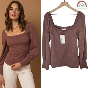 New! Heatherly Ribbed Knit Square Neck Sweater Top